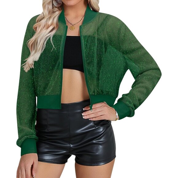 Womens Green Sheer Mesh Sparkly Crop Bomber Jacket Glitter Rave Outfit - Picture 1 of 5